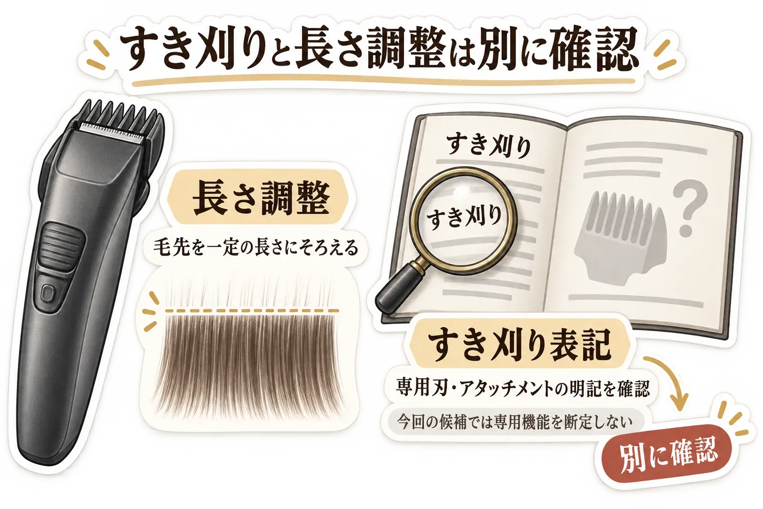 すき刈りと長さ調整を別に確認する図。長さ調整はコームで毛先を一定の長さにそろえること、すき刈りは商品説明で専用刃やアタッチメントの明記を確認することを示し、今回の候補ではすき刈り専用機能を断定しないと案内している。