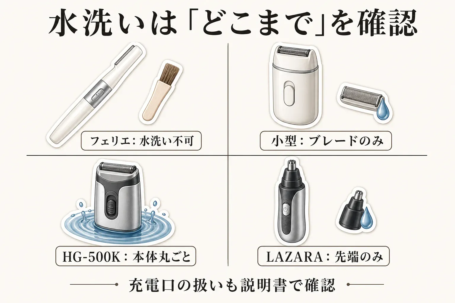 4候補の水洗いできる範囲を比較する図。フェリエは水洗い不可、小型フェイスシェーバーはブレードのみ、HG-500Kは本体丸ごと、LAZARAは先端のみ水洗いできる。充電口の扱いは説明書で確認する。