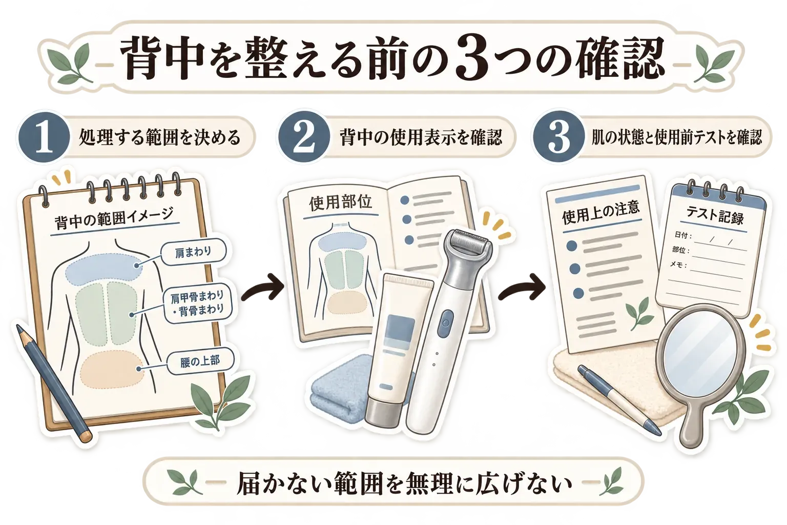 背中の毛を処理する前の確認項目を示す図。商品本体・説明書で背中が使用可能部位か確認し、ニキビ、傷、赤み、湿疹、日焼けなどの肌状態を確認する。除毛クリームは使用前にパッチテストを行い、鏡や手伝ってくれる人で見えにくい場所の異常を確認し、異常があれば使用を中止する。出典：消費者庁・国民生活センターの除毛剤に関する注意情報。