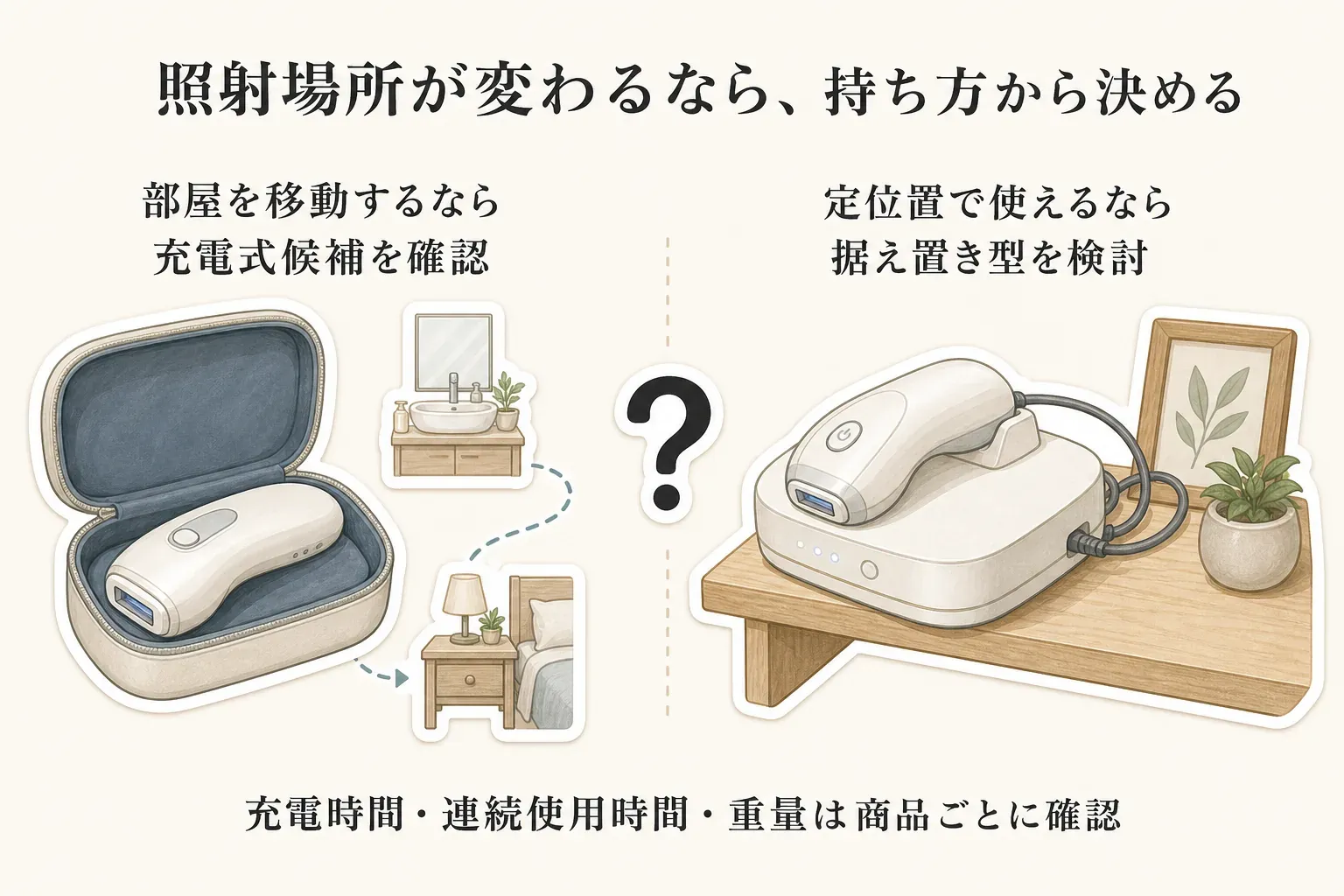 照射場所が変わる人は充電式候補を確認し、定位置で使える人は据え置き型を検討する選び方を示す図。充電時間・連続使用時間・重量は商品ごとに確認するよう示している。
