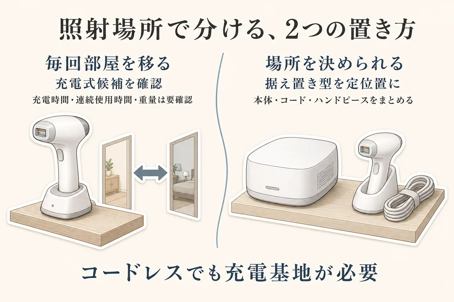 照射場所で分ける2つの置き方を示す図。毎回部屋を移る場合は充電式候補の充電時間・連続使用時間・重量を確認し、場所を決められる場合は据え置き型の本体・コード・ハンドピースを定位置にまとめる。