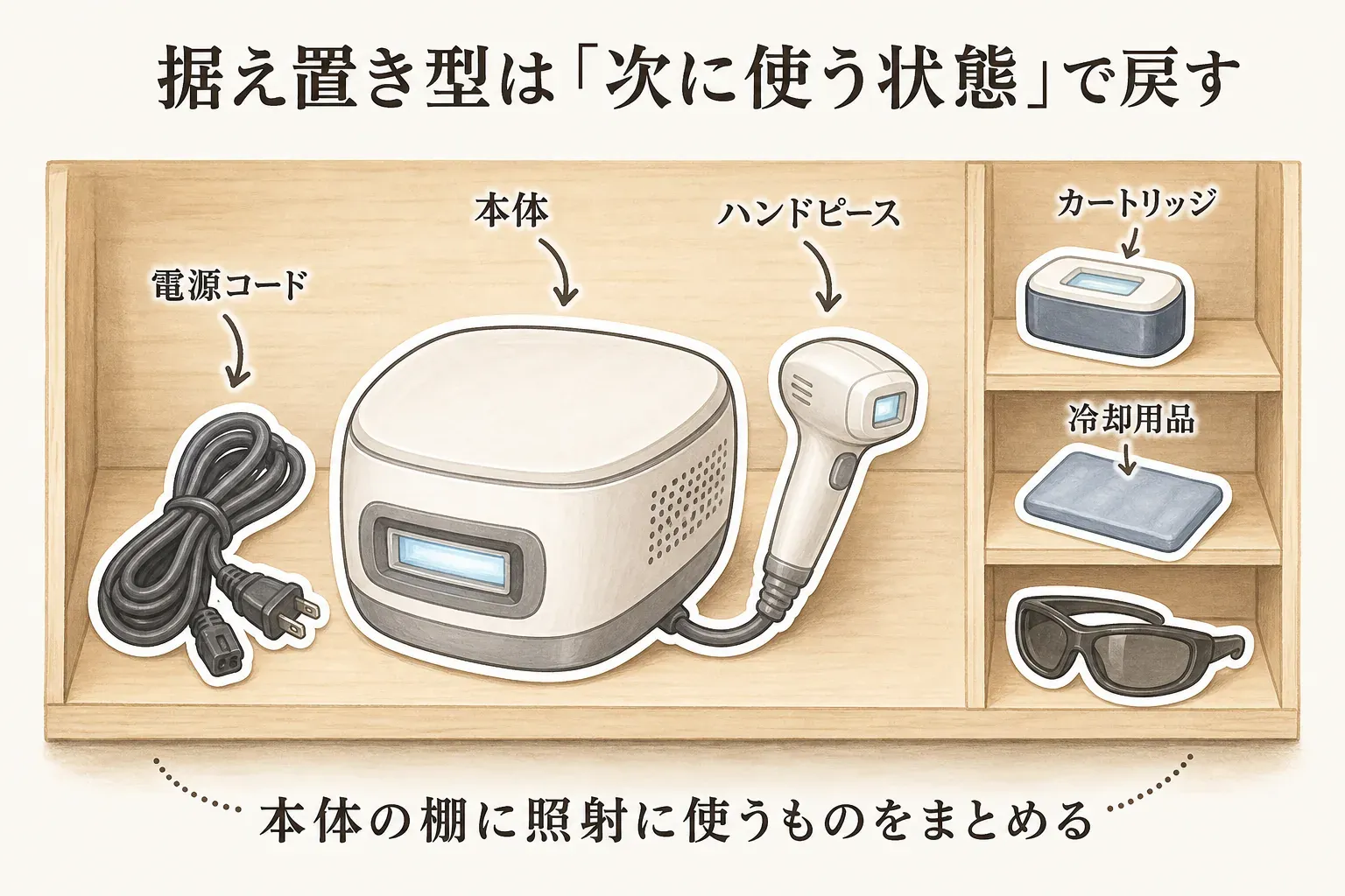 据え置き型の光美容器を次に使う状態で戻す収納例を示す図。本体、電源コード、ハンドピース、カートリッジ、冷却用品、サングラスを本体の棚にまとめる。