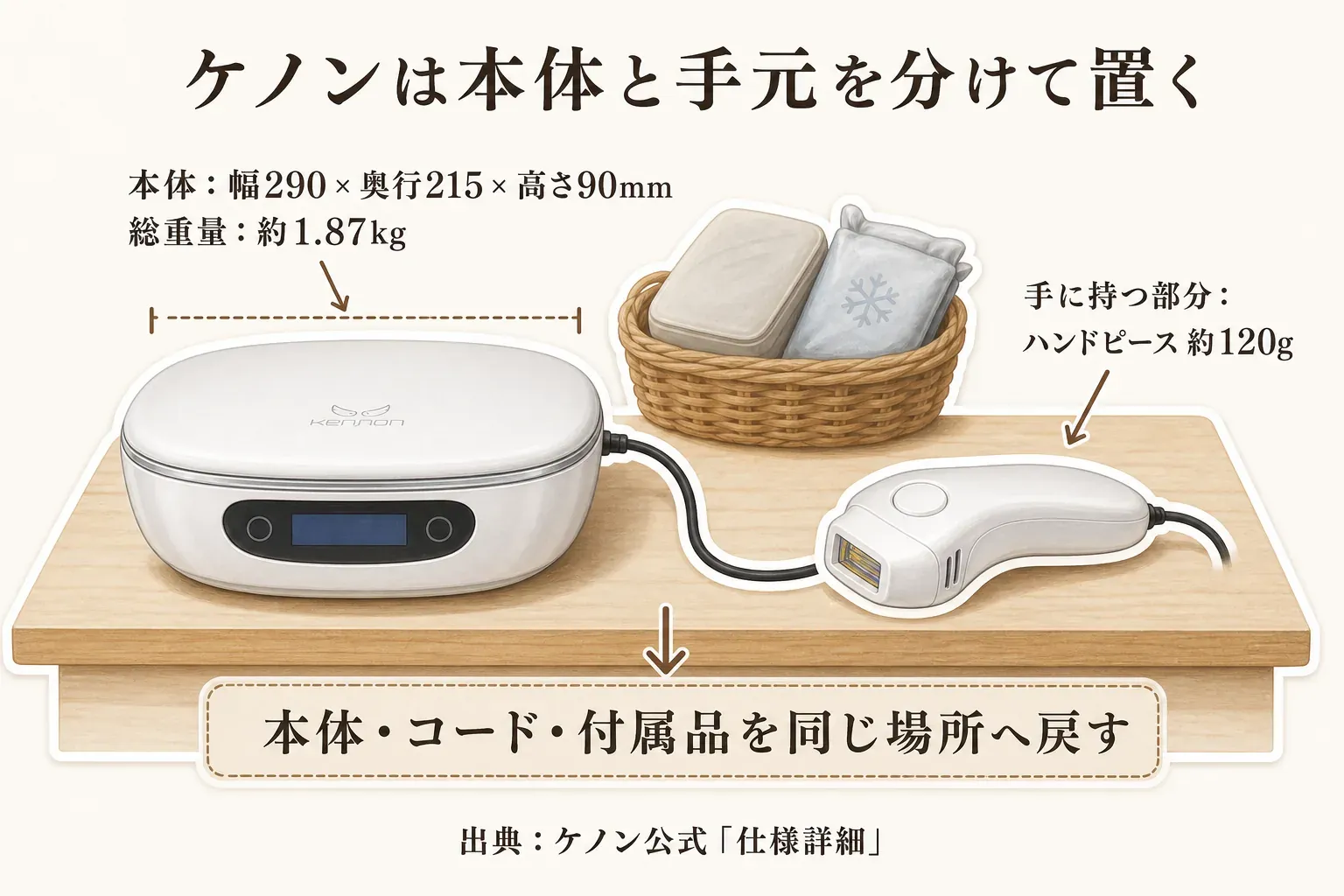 ケノンは本体と手元を分けて置くことを示す図。本体は幅290×奥行215×高さ90mm、総重量は約1.87kgで、約120gのハンドピースをコードでつなぎ、本体・コード・付属品を同じ場所へ戻す。出典：ケノン公式「仕様詳細」。