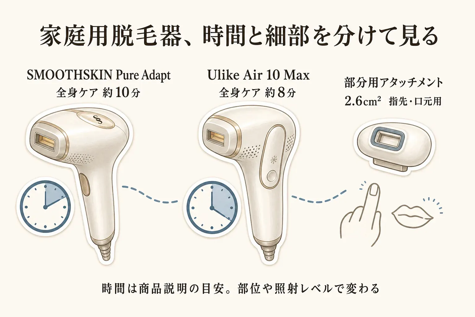 家庭用光美容器の全身ケア時間と細部用ヘッドを分けて確認する図。SMOOTHSKIN Pure Adaptは全身約10分、Ulike Air 10 Maxは全身約8分で、指先・口元用の部分用アタッチメントは2.6cm²。時間は部位や照射レベルで変わる商品説明の目安。出典：楽天の商品説明。