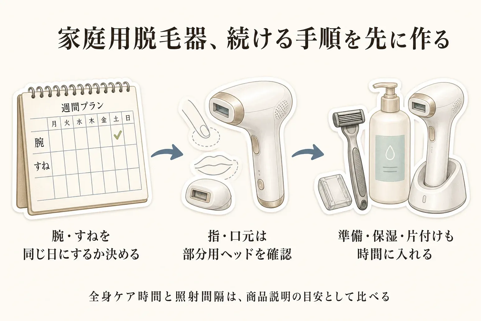 家庭用光美容器を続けるための3つの確認事項を、週間プラン、部分用ヘッド、シェーバー・保湿用品・本体のイラストで示す図。腕・すねを同じ日に行うか決め、指・口元用ヘッドを確認し、準備・保湿・片付けも所要時間に含める。全身ケア時間と照射間隔は商品説明の目安として比べる。