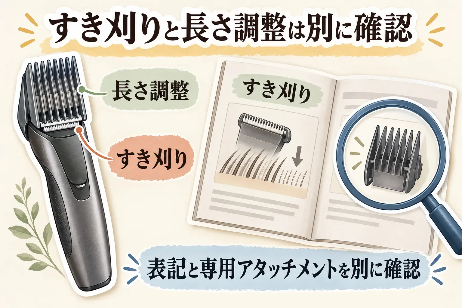すき刈りと長さ調整を別に確認することを示す図。コーム付きボディシェーバーの長さ調整と、毛量を間引くすき刈りを区別し、商品説明の表記と専用アタッチメントを別々に確認するよう案内している。