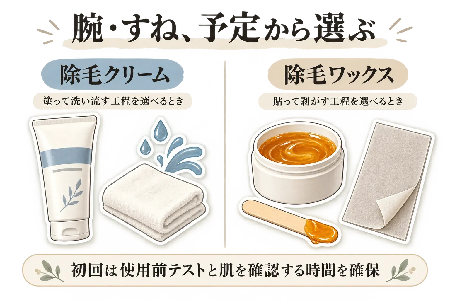 腕・すねを予定から選ぶために、除毛クリームは塗って洗い流す工程、除毛ワックスは貼って剥がす工程を示す図。初回は使用前テストと肌を確認する時間を確保するよう案内している。