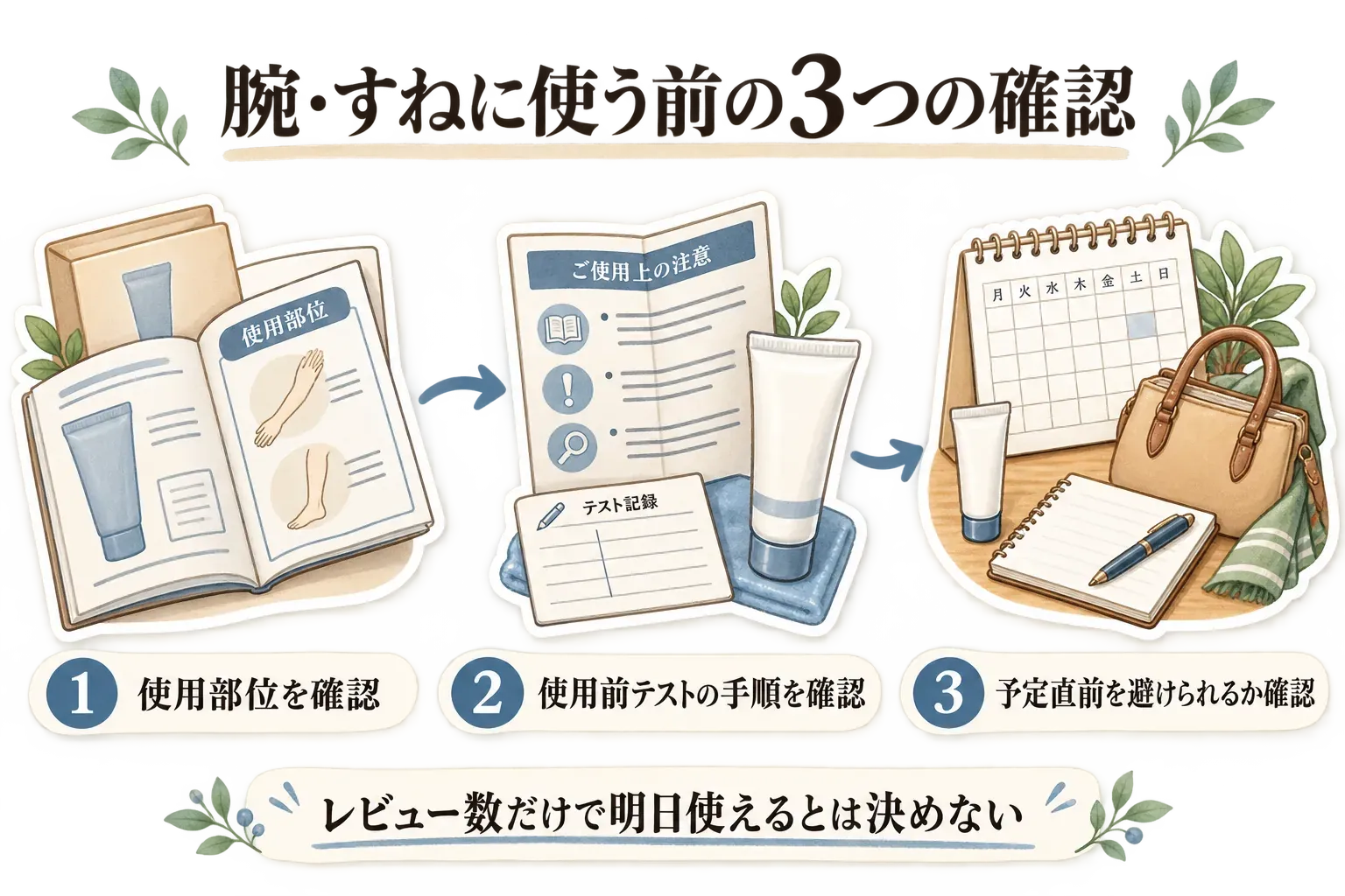 腕・すねに使う前の3つの確認を示す図。使用部位を確認し、使用前テストの手順を確認し、予定直前を避けられるか確認する流れと、レビュー数だけで明日使えるとは決めない注意を描いている。