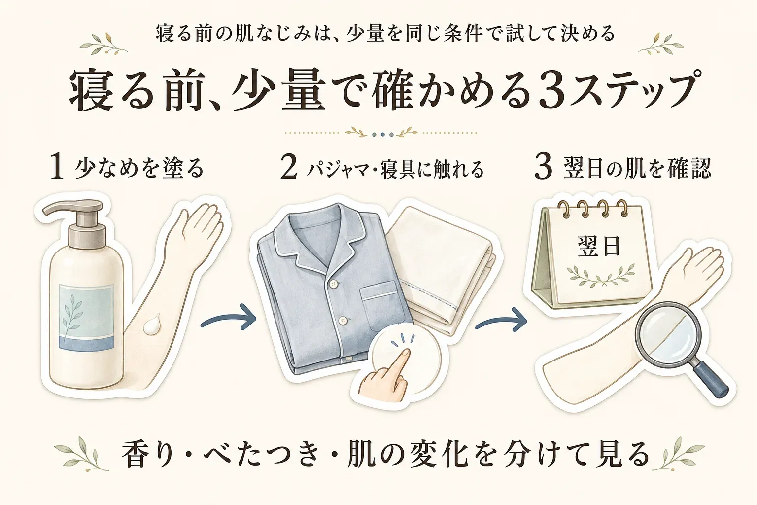 寝る前の肌なじみを少量で確かめる3ステップを示す図。少なめを塗り、パジャマや寝具に触れて香り・べたつきを確認し、翌日に赤み・かゆみ・ヒリつきなど肌の変化を確認する流れ。