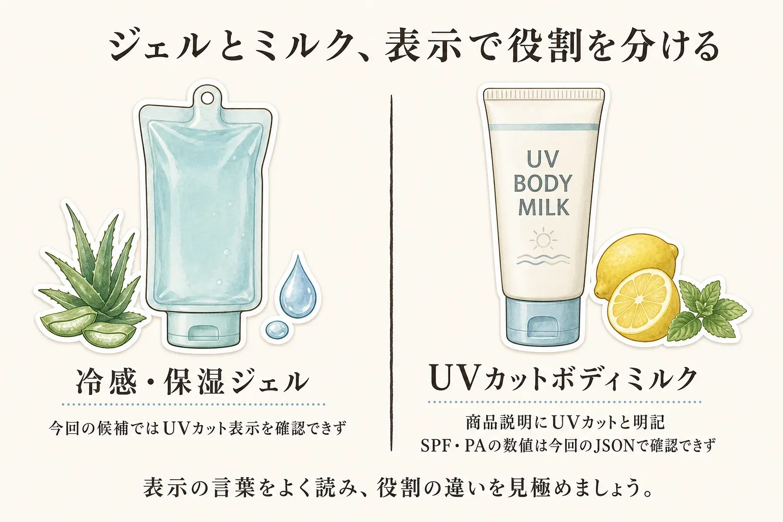 冷感・保湿ジェルは今回の候補でUVカット表示を確認できず、UVカットボディミルクは商品説明にUVカットと明記されている一方でSPF・PAの数値は今回のJSONで確認できないことを示す図。表示の言葉を読んで役割を分けるよう案内している。