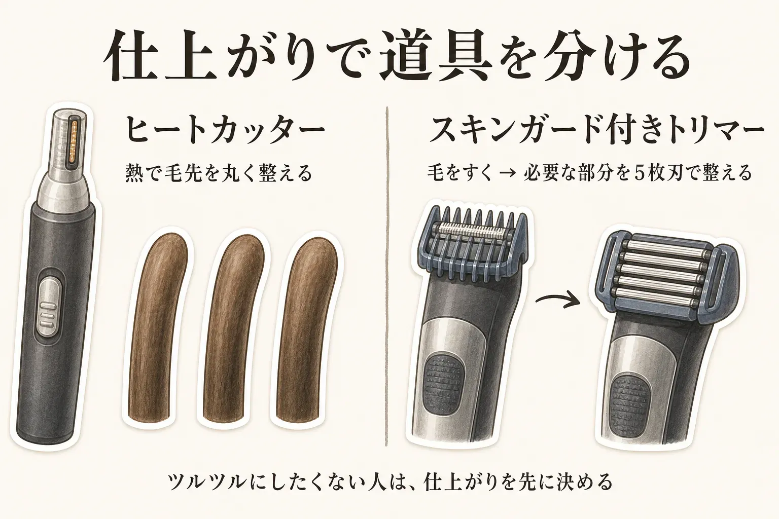 ヒートカッターは熱で毛先を丸く整えて長さを残す仕上がり、スキンガード付きトリマーは毛をすいてから必要な部分を5枚刃で整える仕上がりを比較した図。ツルツルにしたくない人は仕上がりを先に決めることを示す。