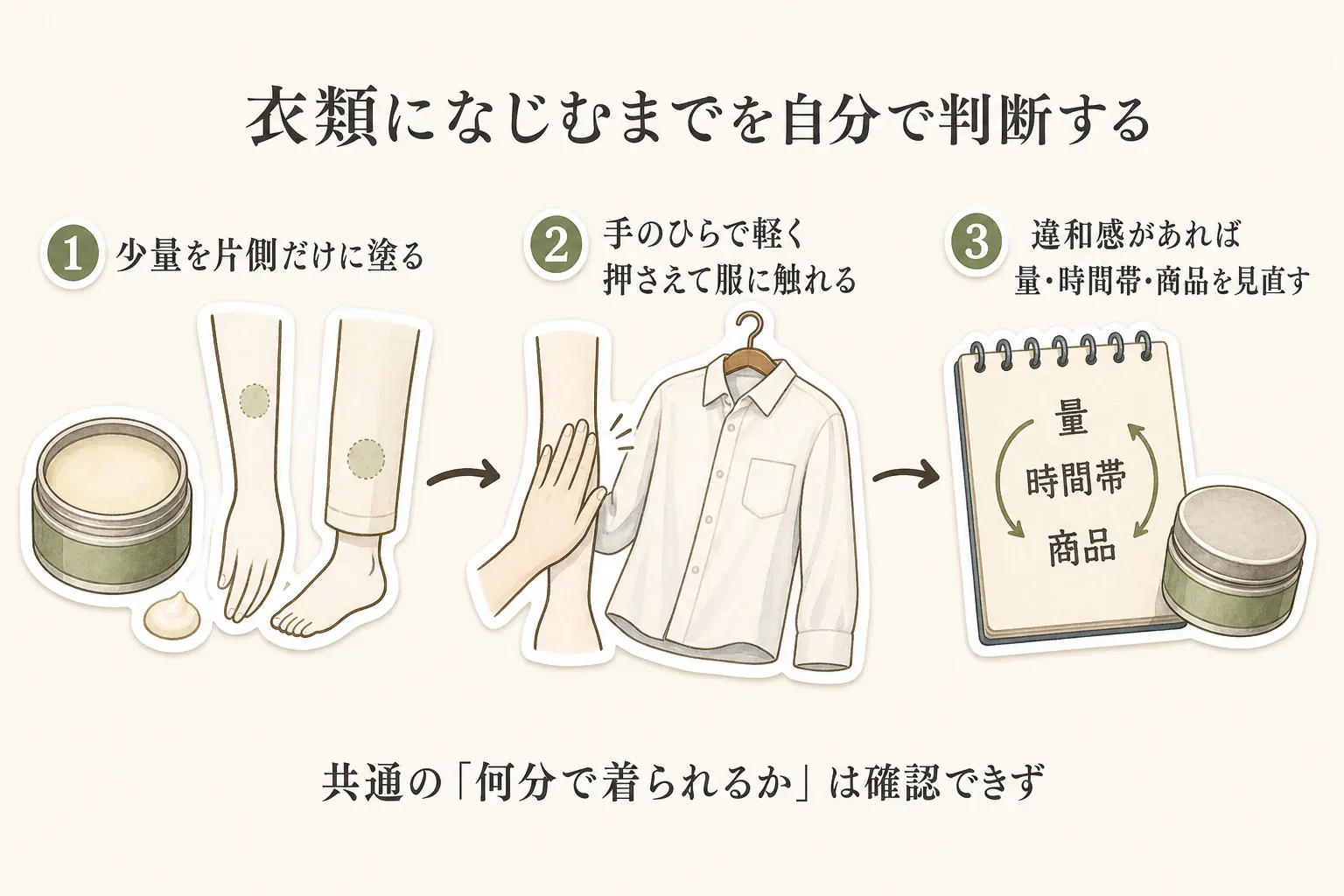 衣類になじむまでを自分で判断する流れを示す図。腕またはすねの片側へ少量を塗り、手のひらで軽く押さえてから服に触れ、違和感があれば量・時間帯・商品を見直す。共通の着衣までの時間は確認できないことも示している。